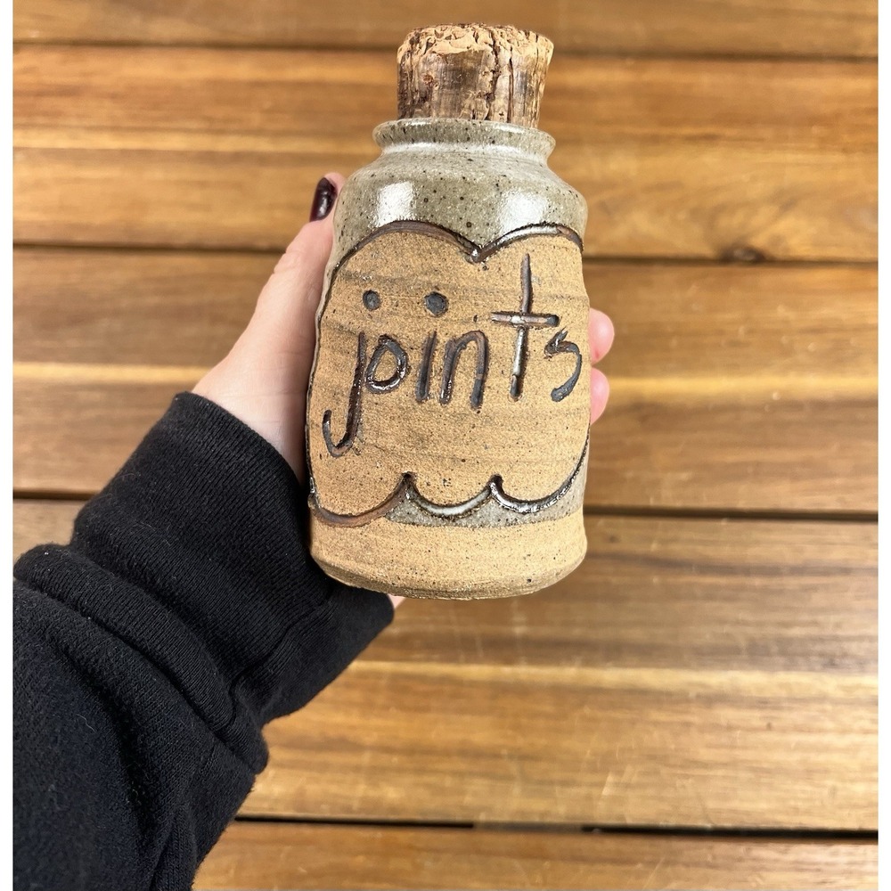 Handcrafted Vintage Stoneware Jar w Cork Stopper Joints 1960's Hippie 4"
